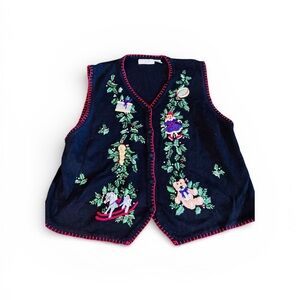 Victoria Jones Woman Sz 3x Black Cardigan Vest with Embroidered Holiday Design